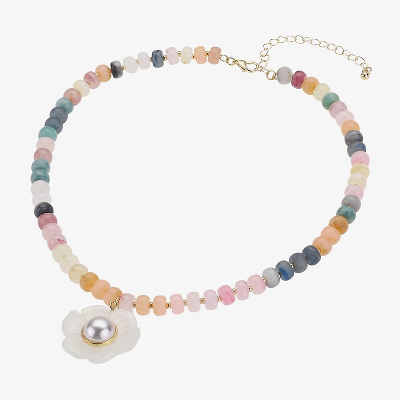 Bijoux Bar Womens Glass Simulated Pearl Flower 16.5 Inch Pendant Necklace