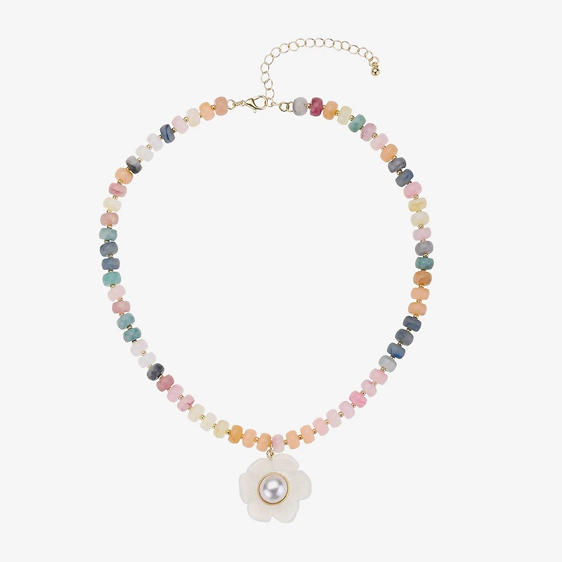 Bijoux Bar Womens Glass Simulated Pearl Flower 16.5 Inch Pendant Necklace