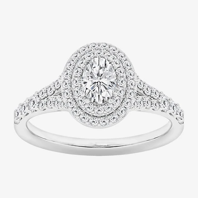 (G / Si1-Si2) Womens 1 CT. T.W. Lab Grown White Diamond 10K Gold Oval Side Stone Halo Engagement Ring