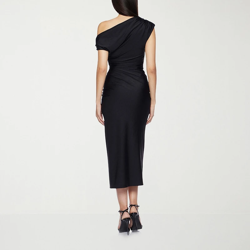 Premier Amour One Shoulder Womens Midi Asymmetrical Neck Short Sleeve Sheath Dress