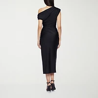 Premier Amour One Shoulder Womens Midi Asymmetrical Neck Short Sleeve Sheath Dress