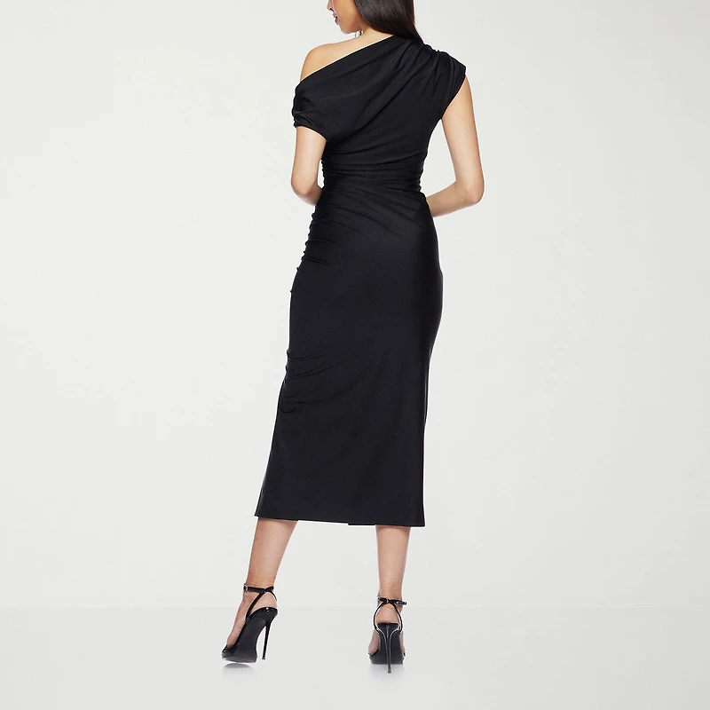Premier Amour One Shoulder Womens Midi Asymmetrical Neck Short Sleeve Sheath Dress