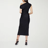 Premier Amour One Shoulder Womens Midi Asymmetrical Neck Short Sleeve Sheath Dress