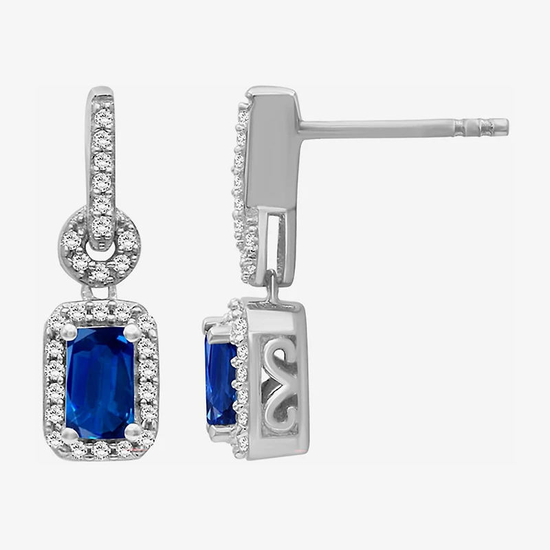 Womens Emerald-cut Gemstone & 1/7 CT. T.W. Natural Diamond 10K Gold Drop Earrings