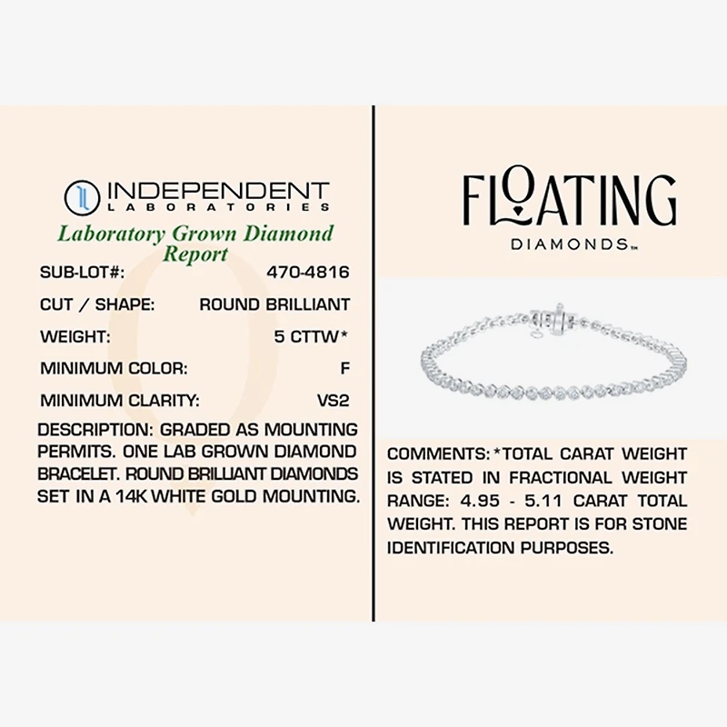 Floating Diamonds (F / Vs2) Womens 5 CT. T.W. Lab Grown White Diamond 14K Gold 7.25 Inch Tennis Bracelet