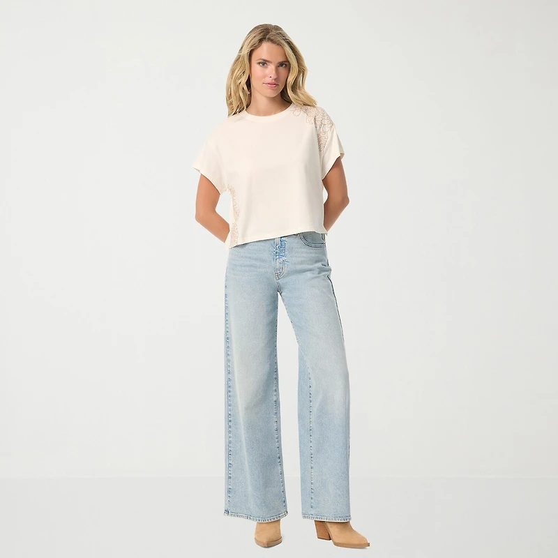 JS Jessica Simpson Womens Crew Neck Short Sleeve Embroidered Blouse