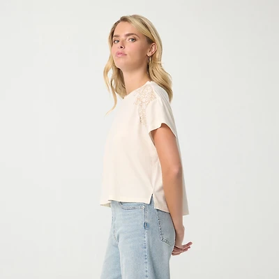 JS Jessica Simpson Womens Crew Neck Short Sleeve Embroidered Blouse