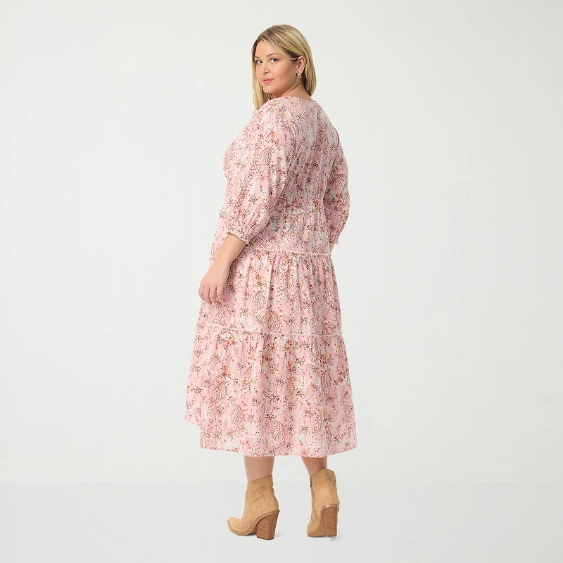 JS Jessica Simpson Womens Plus V Neck Long Sleeve Paisley A-Line Dress
