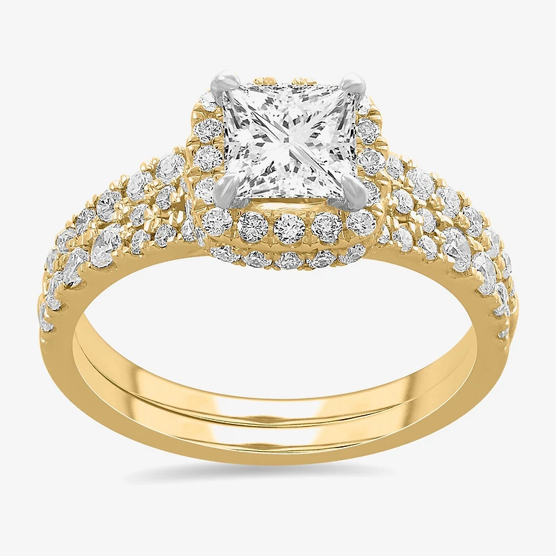 H-I / Si1-Si2) Womens 1 7/8 CT. T.W. Lab Grown White Diamond 14K Gold Cushion Side Stone Halo Bridal Set