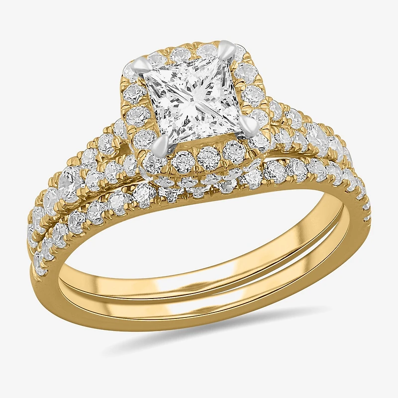 H-I / Si1-Si2) Womens 1 7/8 CT. T.W. Lab Grown White Diamond 14K Gold Cushion Side Stone Halo Bridal Set