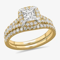 H-I / Si1-Si2) Womens 1 7/8 CT. T.W. Lab Grown White Diamond 14K Gold Cushion Side Stone Halo Bridal Set
