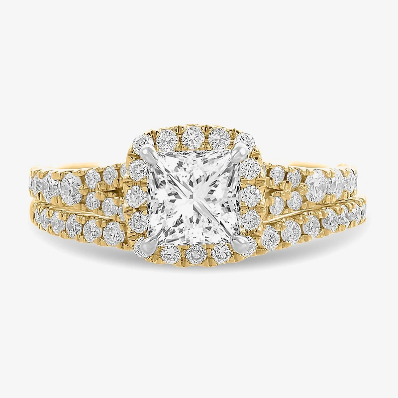 H-I / Si1-Si2) Womens 1 7/8 CT. T.W. Lab Grown White Diamond 14K Gold Cushion Side Stone Halo Bridal Set