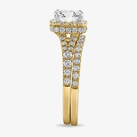 H-I / Si1-Si2) Womens 1 7/8 CT. T.W. Lab Grown White Diamond 14K Gold Cushion Side Stone Halo Bridal Set