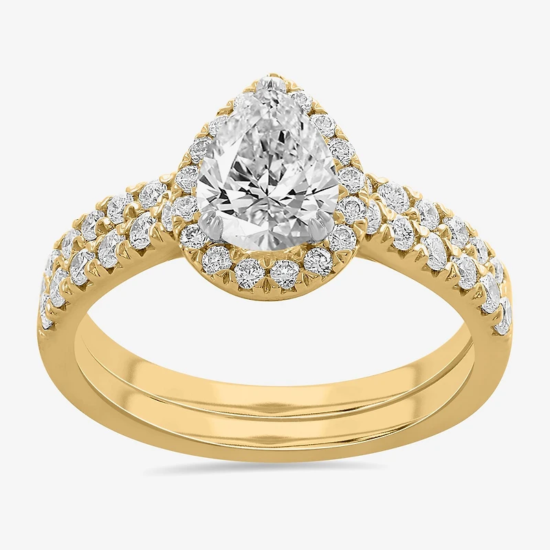 (H-I / Si1-Si2) Womens 1 3/4 CT. T.W. Lab Grown White Diamond 14K Gold Pear Side Stone Halo Bridal Set