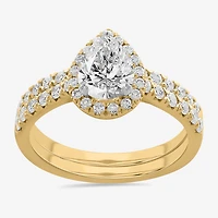 (H-I / Si1-Si2) Womens 1 3/4 CT. T.W. Lab Grown White Diamond 14K Gold Pear Side Stone Halo Bridal Set