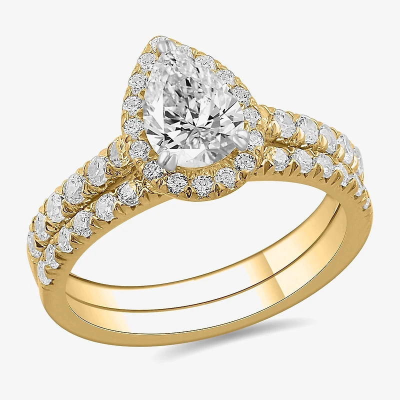 (H-I / Si1-Si2) Womens 1 3/4 CT. T.W. Lab Grown White Diamond 14K Gold Pear Side Stone Halo Bridal Set