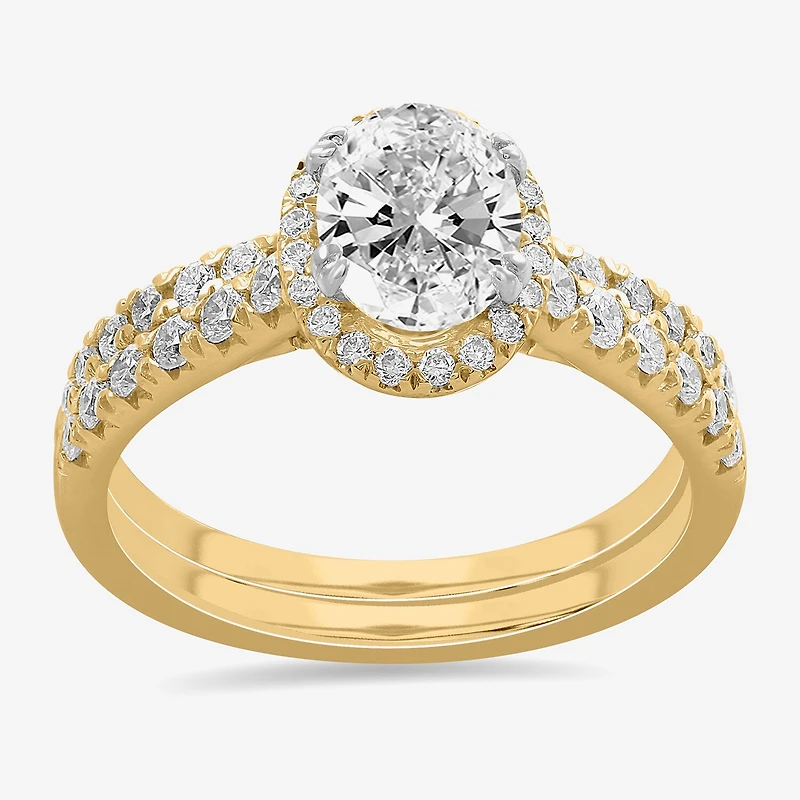 (H-I / Si1-Si2) Womens 1 3/4 CT. T.W. Lab Grown White Diamond 14K Gold Oval Side Stone Halo Bridal Set