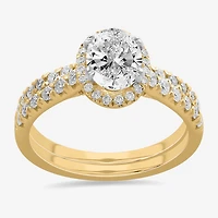 (H-I / Si1-Si2) Womens 1 3/4 CT. T.W. Lab Grown White Diamond 14K Gold Oval Side Stone Halo Bridal Set