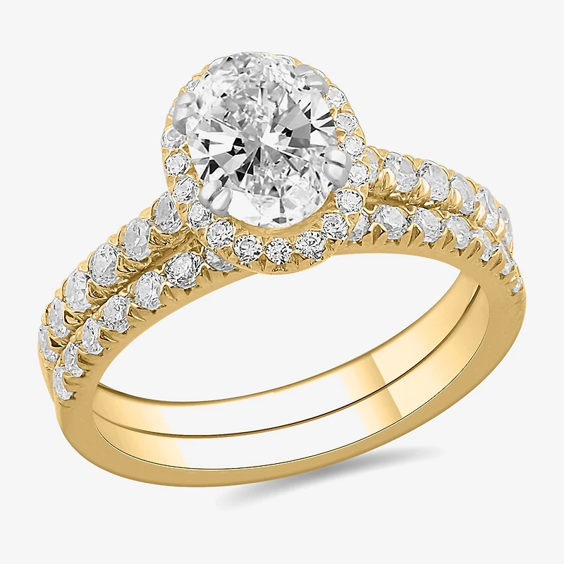 (H-I / Si1-Si2) Womens 1 3/4 CT. T.W. Lab Grown White Diamond 14K Gold Oval Side Stone Halo Bridal Set