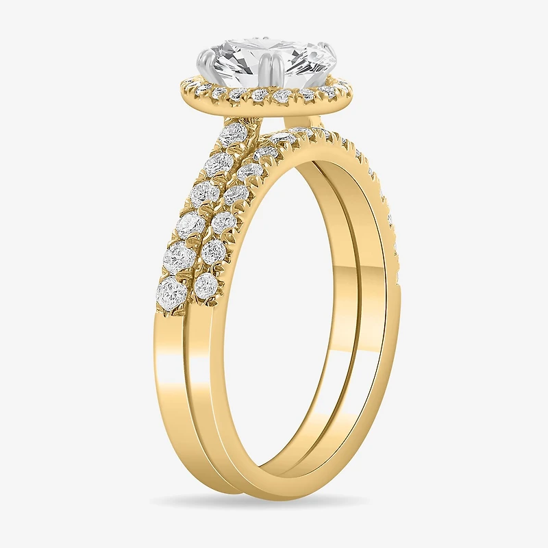 (H-I / Si1-Si2) Womens 1 3/4 CT. T.W. Lab Grown White Diamond 14K Gold Oval Side Stone Halo Bridal Set
