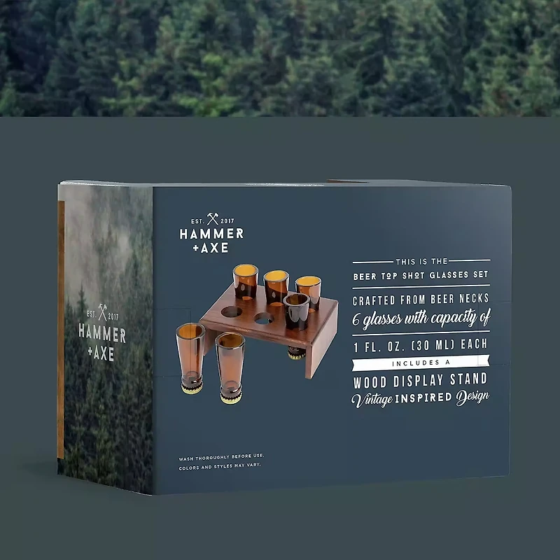 Hammer + Axe Beer Top Shot Glass Set, 6 Bottle Neck Glasses With Wood Display Stand