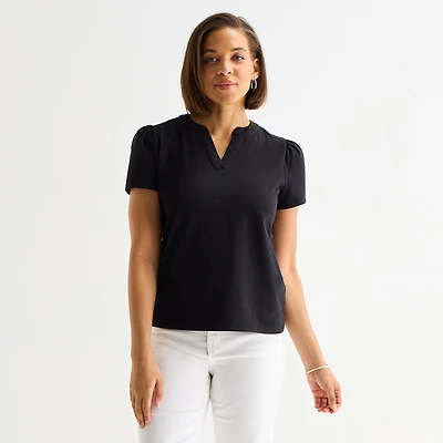 Liz Claiborne Womens Split Crew Neck Short Sleeve Blouse