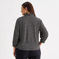 Liz Claiborne Womens Plus Mock Neck 3/4 Sleeve Ruffled Blouse