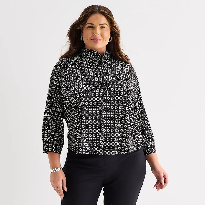 Liz Claiborne Womens Plus Mock Neck 3/4 Sleeve Ruffled Blouse