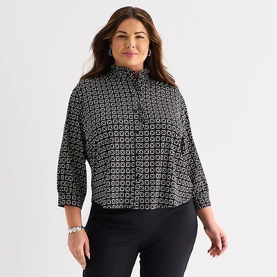 Liz Claiborne Womens Plus Mock Neck 3/4 Sleeve Ruffled Blouse