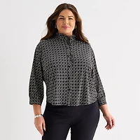 Liz Claiborne Womens Plus Mock Neck 3/4 Sleeve Ruffled Blouse