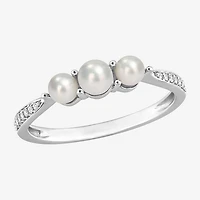 Womens Diamond Accent 4MM White Cultured Freshwater Pearl 14K Gold Cocktail Ring
