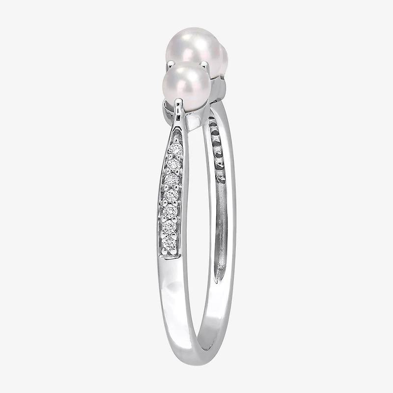 Womens Diamond Accent 4MM White Cultured Freshwater Pearl 14K Gold Cocktail Ring