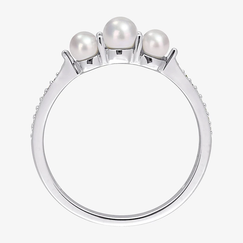 Womens Diamond Accent 4MM White Cultured Freshwater Pearl 14K Gold Cocktail Ring