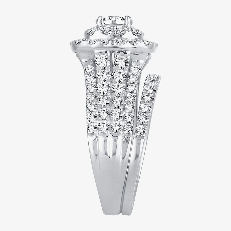 2 CT.T.W. Natural Diamond Cushion Shape Side Stone Halo Bridal Set 10K or 14K White Gold