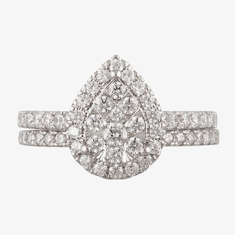 Signature By Modern Bride Womens 1 CT. T.W. Natural White Diamond 10K White Gold Pear Side Stone Halo Bridal Set