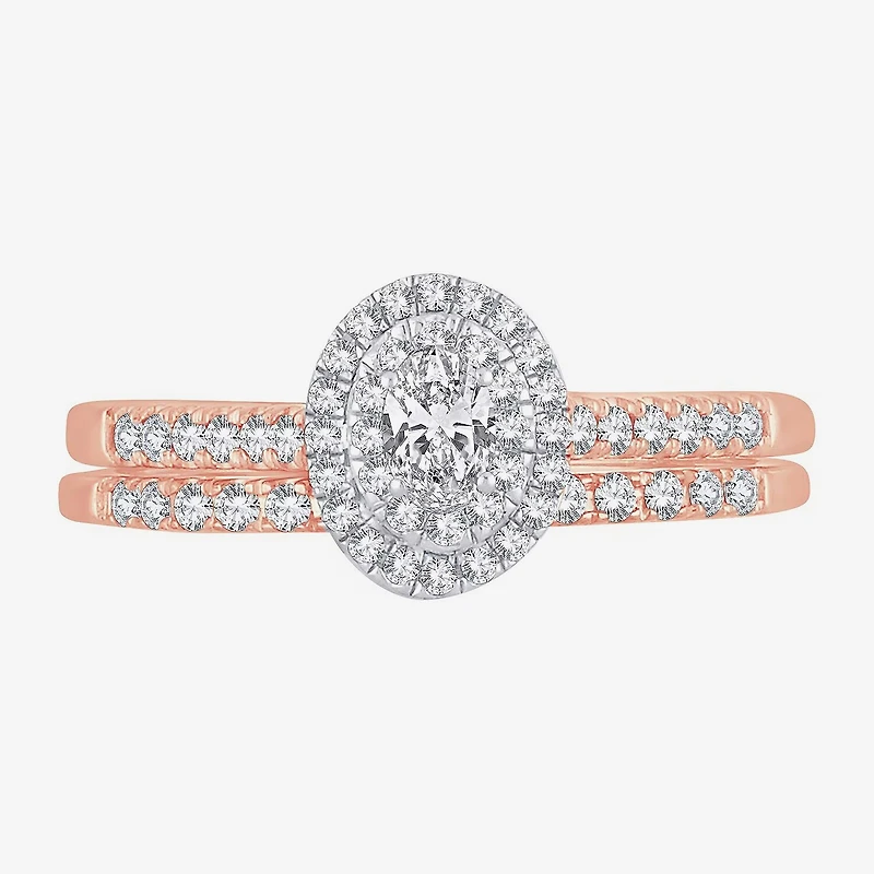 Womens 1/2 CT.T.W. Natural Diamond 10K or 14K Rose Gold Oval Halo Bridal Set