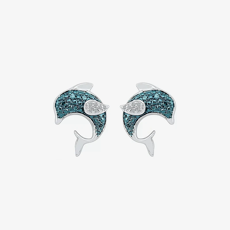 Dolphin Diamond Accent Natural Blue Diamond Sterling Silver 12mm Stud Earrings