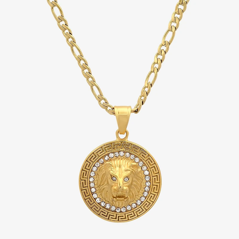 Steeltime Lion Mens Cubic Zirconia 18K Gold Over Stainless Steel Round Hypoallergenic 24 Inch Pendant Necklace