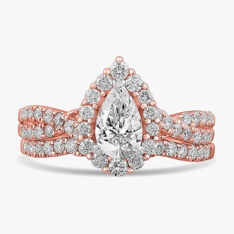 Signature By Modern Bride (G-H / Si1-Si2) Womens 1 1/3 CT. T.W. Lab Grown White Diamond 10K Gold Pear Side Stone Halo Bridal Set