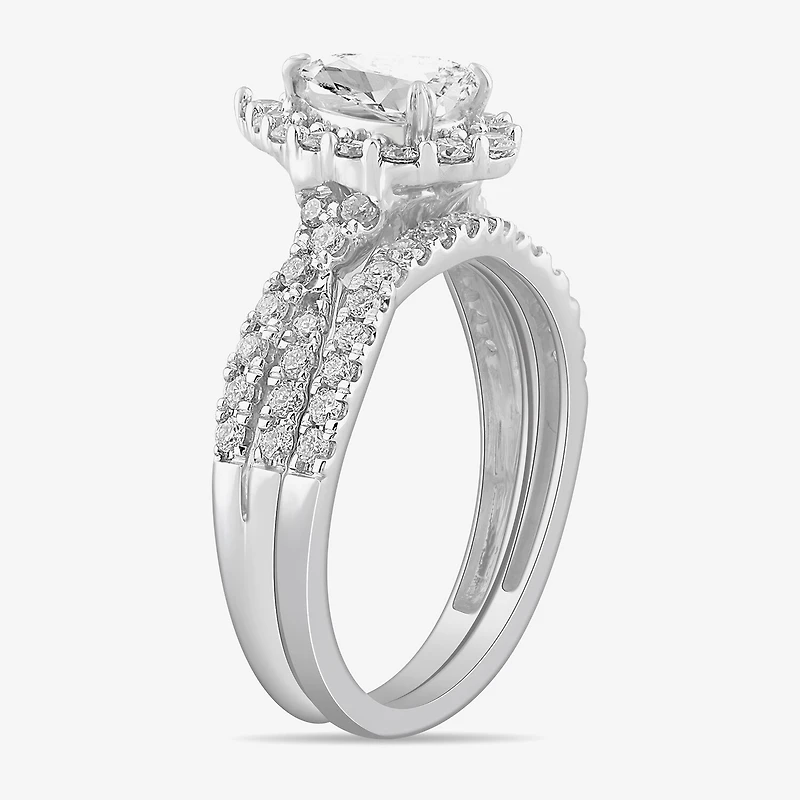 Signature By Modern Bride (G-H / Si1-Si2) Womens 1 1/3 CT. T.W. Lab Grown White Diamond 10K Gold Pear Side Stone Halo Bridal Set