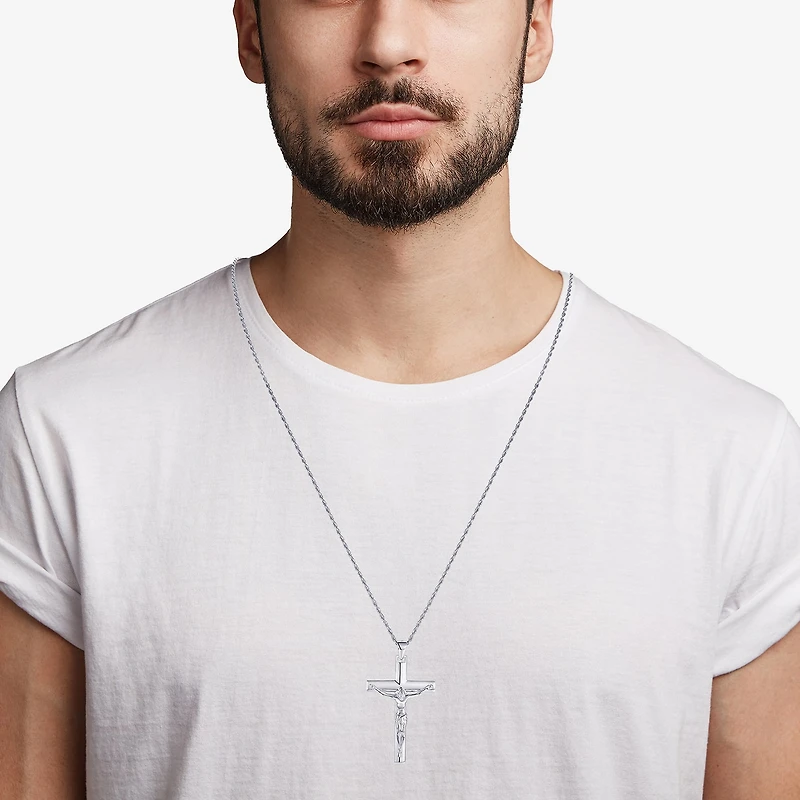 Crucifix Mens Sterling Silver Cross 24 Inch Pendant Necklace
