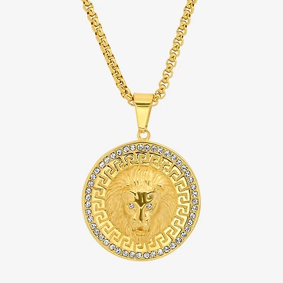 Steeltime Lion Mens Cubic Zirconia 18K Gold Over Stainless Steel Round Hypoallergenic 24 Inch Pendant Necklace