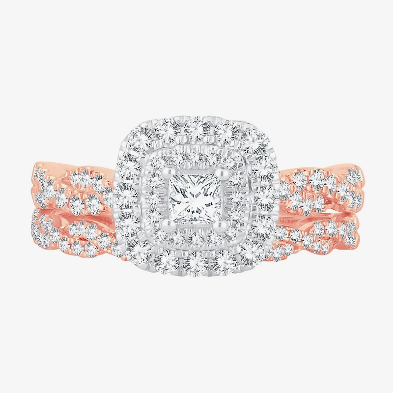 Signature By Modern Bride 1 CT.T.W. Natural Diamond Cushion Shape Side Stone Halo Bridal Set 10K or 14K Gold