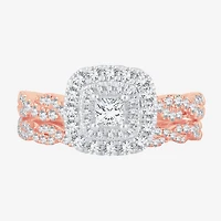 Signature By Modern Bride 1 CT.T.W. Natural Diamond Cushion Shape Side Stone Halo Bridal Set 10K or 14K Gold