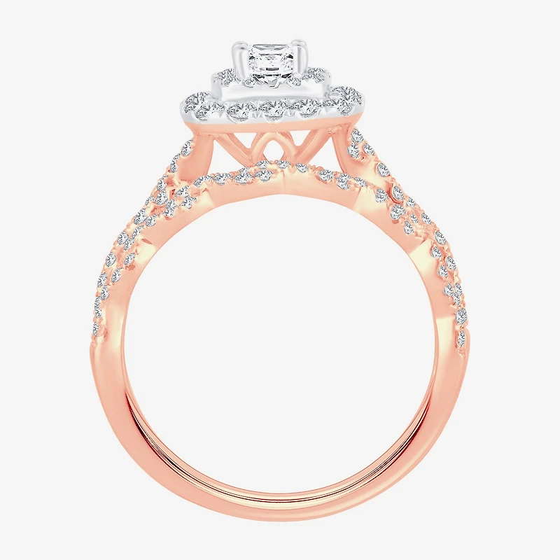 Signature By Modern Bride 1 CT.T.W. Natural Diamond Cushion Shape Side Stone Halo Bridal Set 10K or 14K Gold