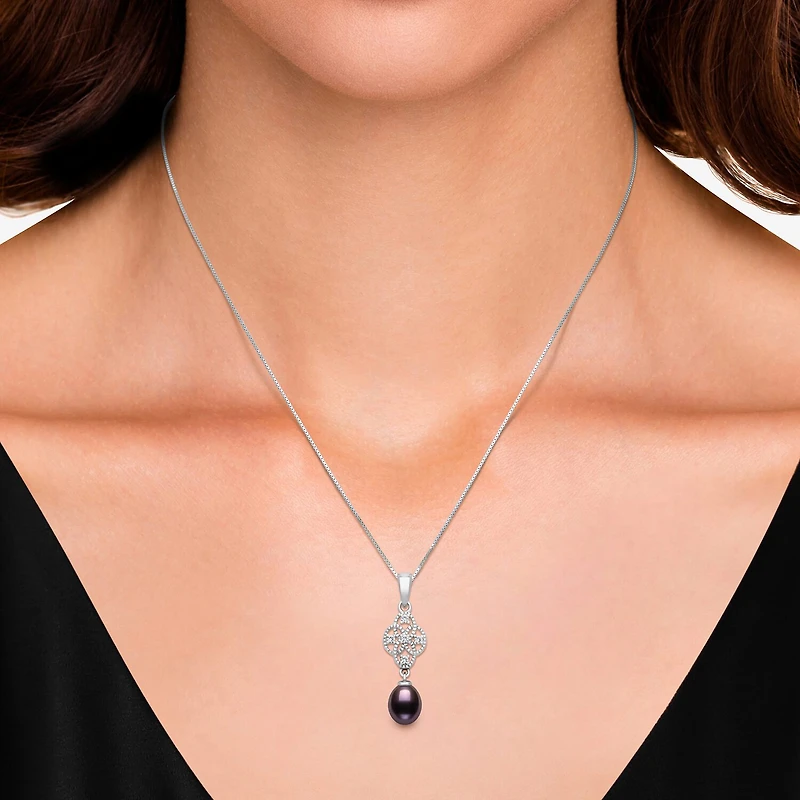 Limited Quantities! Womens Dyed Black Cultured Freshwater Pearl Sterling Silver 18 Inch Pendant Necklace