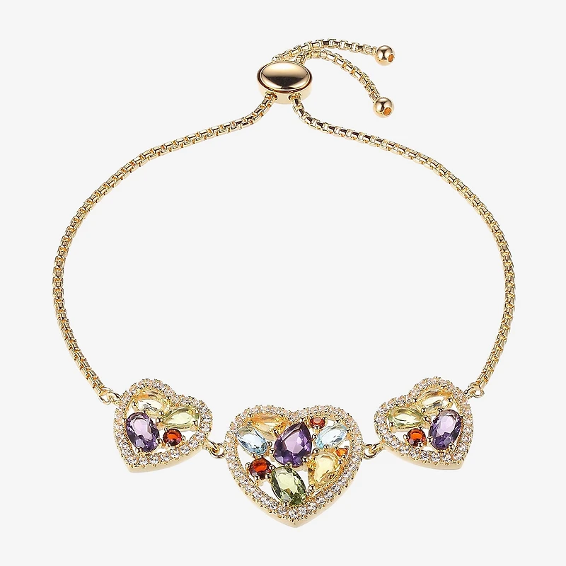 Womens Genuine Multi Color 18K Gold Over Silver Heart Bolo Bracelet