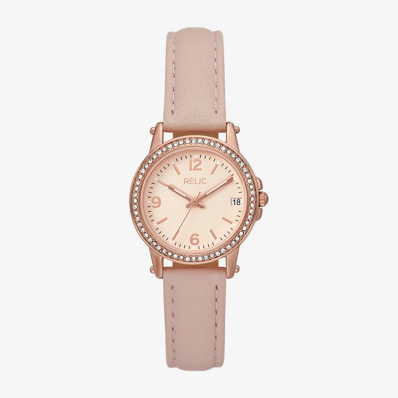 Relic By Fossil Womens Pink Leather Strap Watch Zr34647