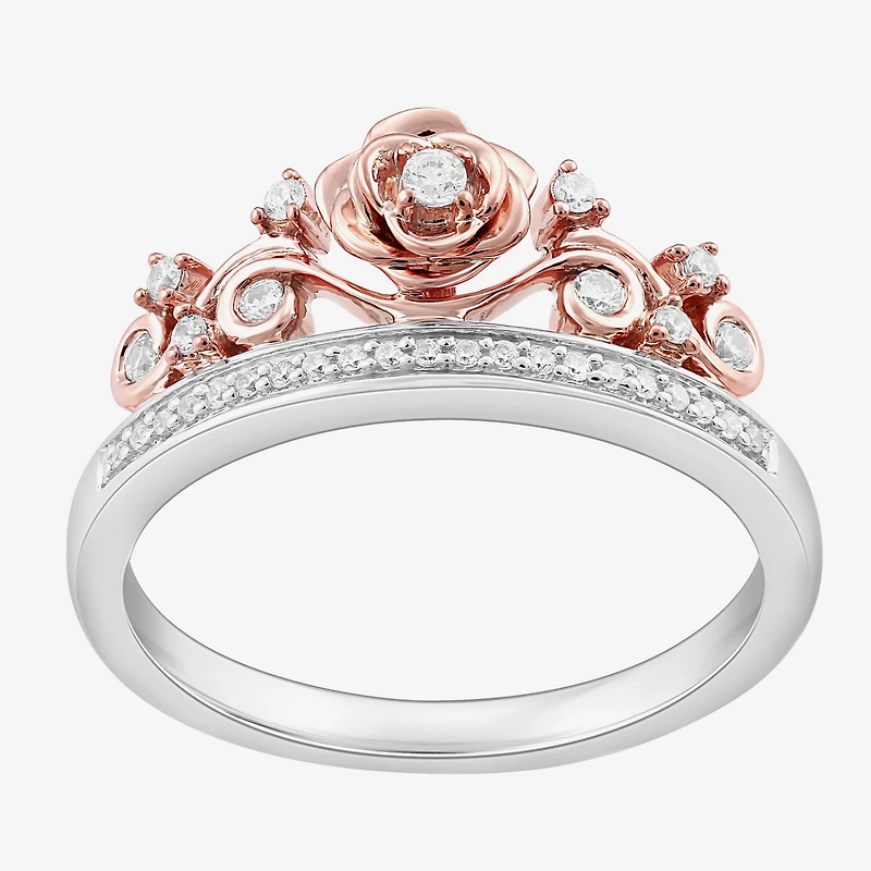 Enchanted Disney Fine Jewelry Womens 1/6 CT. T.W. Natural White Diamond Sterling Silver Flower Beauty and the Beast Belle Princess Cocktail Ring