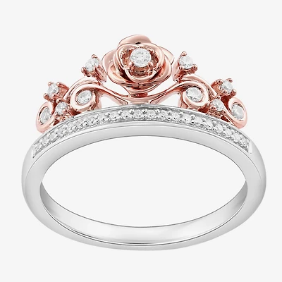 Enchanted Disney Fine Jewelry Womens 1/6 CT. T.W. Natural White Diamond Sterling Silver Flower Beauty and the Beast Belle Princess Cocktail Ring